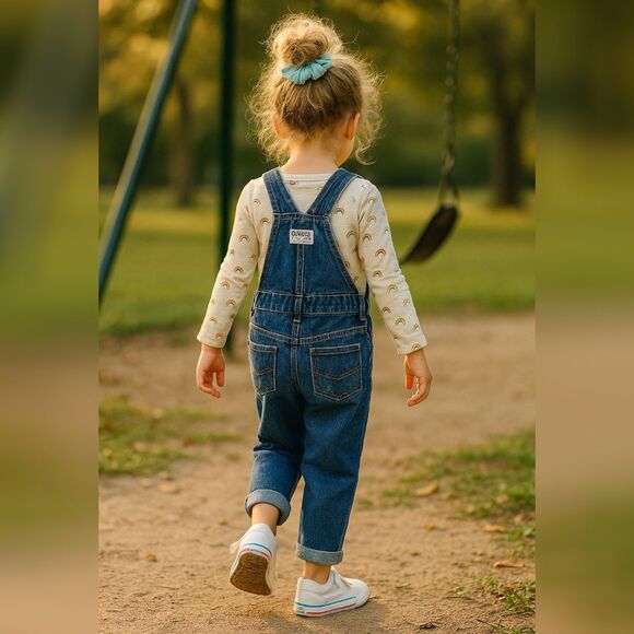 OshKosh B’gosh Girls Denim Overalls Size 2T | Heart Pocket Button Cotton Bibs - Picture 2 of 10